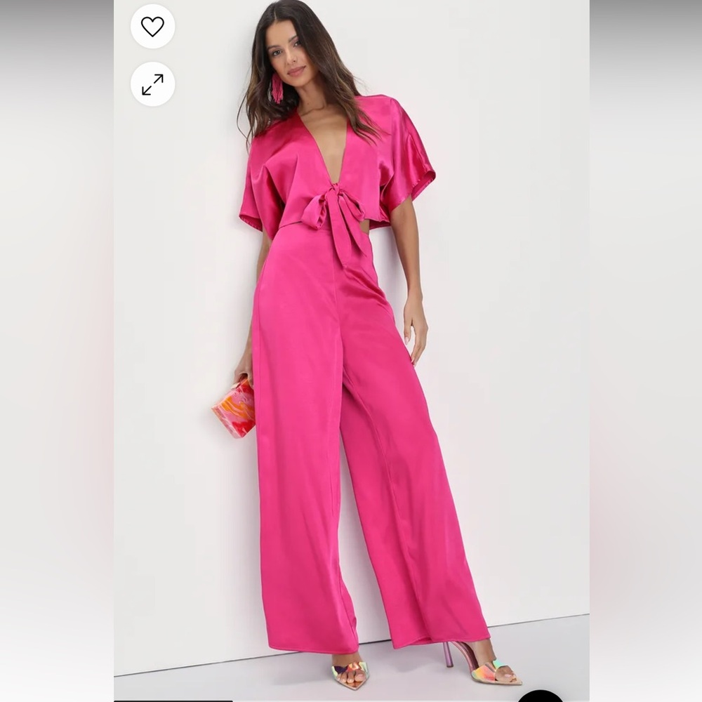 Lulu's Fuchsia Satin Plunge Tie-Front Wide-Leg Jumpsuit